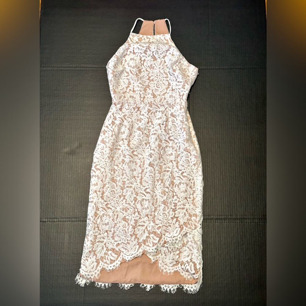 Fame and Partners White Lace Overlay Midi Sheath Dress Sz 0